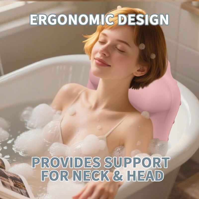 Deenwada Silicone Bath Pillow for Tub – Ergonomic Bathtub Headrest with Inflatable Air Cushion, Non-Slip Suction Cups & Neck/Back Support – Comfortable Spa Bath Accessory for Relaxation (Pink) - Image 2